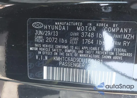 2013 Hyundai Veloster Base W/Black z USA, uszkodzony, nr VIN KMHTC6AD9DU166181